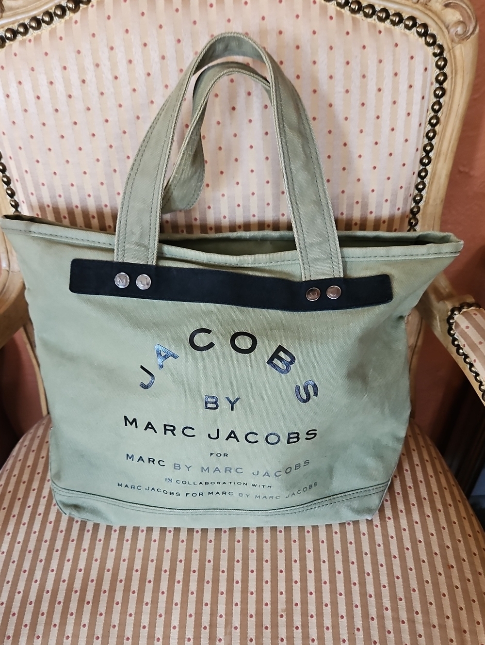Marc Jacobs Sage Green Canvas Tote with Black Suede Trim